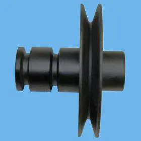 A black plastic pulley with two large holes.